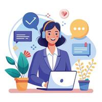 call center customer service agent working on laptop with chat bubbles and speech bubbles vector