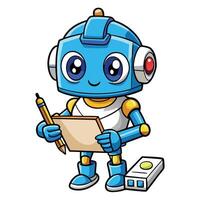a cartoon robot holding a clipboard and writing vector