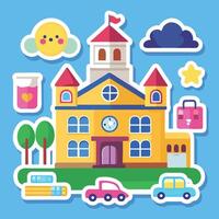 school building with school bus, school bus, school bus, school bus, school bus, school vector
