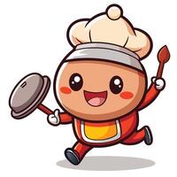 cartoon character of a chef holding a pan and a spatula vector