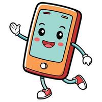 a cartoon phone running and waving on a white background vector