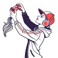 a girl wearing headphones and holding a game controller vector