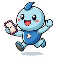 a cartoon blue robot running with a phone vector