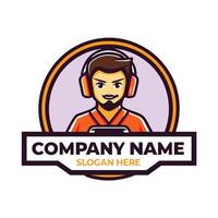 a man in headphones holding a controller logo white background vector