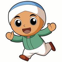 cartoon muslim boy running, smiling and waving vector