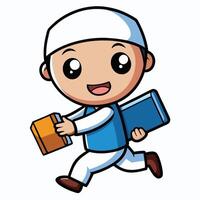 cartoon muslim boy running with books vector