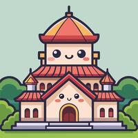 a cartoon building with a red roof and a smiling face vector