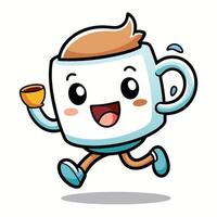a cartoon coffee cup running with a cup of coffee on a white background vector