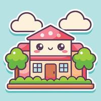 cartoon house with a mushroom on top, with clouds and trees vector