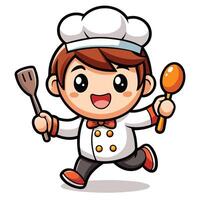 cartoon chef running with a spatula and spoon on a white background vector