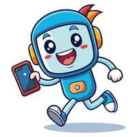 cartoon robot running and holding a phone vector