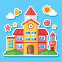 school building with clock and stars on blue background vector