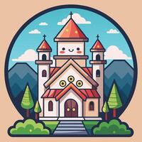 a cartoon church with a castle in the background white background vector