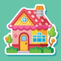 a cartoon house with a pink roof and a green tree vector