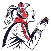 a girl with headphones and a controller is playing games vector