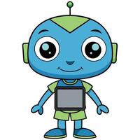 a cartoon blue robot holding a tablet computer vector