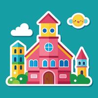 a cartoon school building with a sun and clouds vector