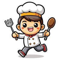cartoon chef running with a fork and spoon vector