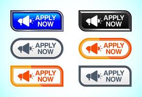 Apply now web button set of different shapes and colors. Suitable for mobile app, and website UI vector