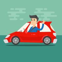 Man waving his hand while driving a car. Transportation red vehicle. Flat color style illustration vector