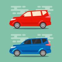 Red and blue minivans in flat color style. Multi purpose vehicle transportation icons illustrations vector
