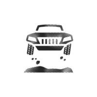 Rally car icon in halftone style. Black and white monochrome vector