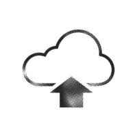 Cloud upload icon in halftone style. Black and white monochrome illustration. vector