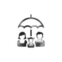 Family umbrella icon in halftone style. Black and white monochrome illustration. vector