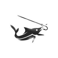 Hooked fish icon in halftone style. Black and white illustration. vector