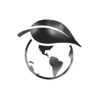 Globe with leaf icon in halftone style. Black and white monochrome illustration. vector