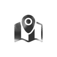Map icon with pin location in halftone style. Black and white monochrome illustration. vector