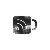 Cup icon with RSS symbol in halftone style. Black and white monochrome illustration. vector