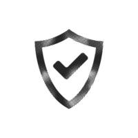 Shield icon with checkmark in halftone style. Black and white monochrome illustration. vector