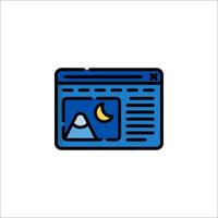 A blue and white icon of a computer screen with a moon and a mountain vector