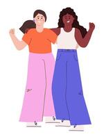 Two diverse happy women standing together, smiling, embracing in friendship, with raised hands with closed fists. Diversity, unity and inclusion concept. Modern flat illustration vector