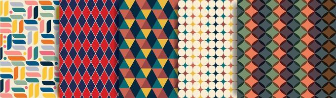 Seamless multi colored retro abstract shapes pattern set. geometric ornament collection vector