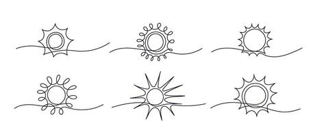 Sun one continuous line art set. Simple light rays vector