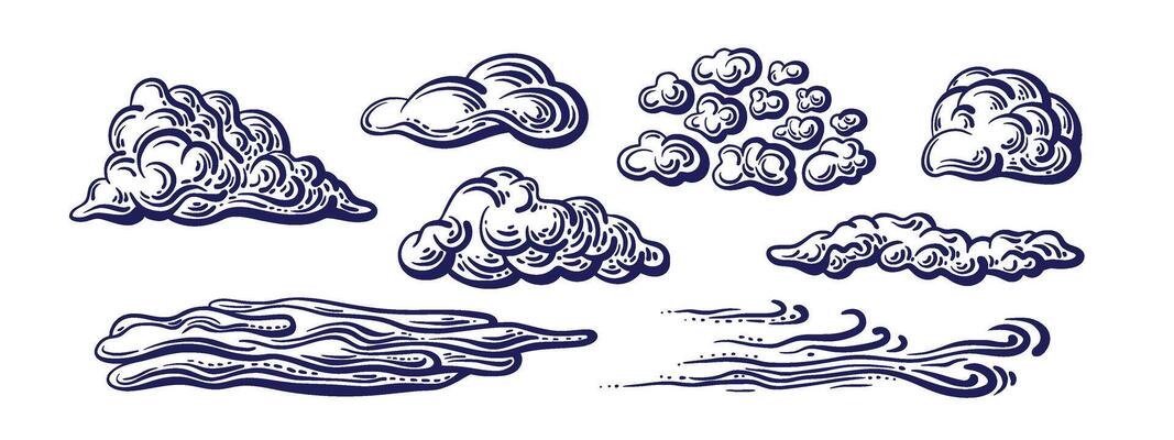 Clouds sketch set. Nature doodle drawn elements