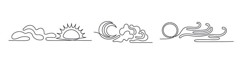 Sun, moon, cloud line set. Cloudy weather, wind vector