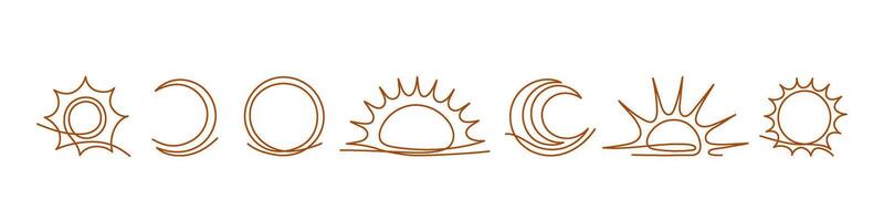 Set of linear sun, moon. Simple hand drawn element vector