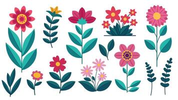 Abstract cartoon flowers set. Bright hand drawn spring flowers in a modern style with Scandinavian motifs. Collection on a white background. vector