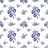 Seamless pattern with blue physalis and leaves on a white background monochrome vector