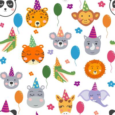 Seamless pattern with cute animal faces. Holiday illustration, birthday