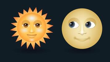 Sun with smiling face and full moon face emoji illustration isolated on dark background vector