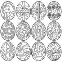 Set of Easter eggs with ornate patterns, coloring pages for holiday activity vector