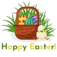 Easter chick in a shell sits next to a basket with patterned eggs in the grass vector