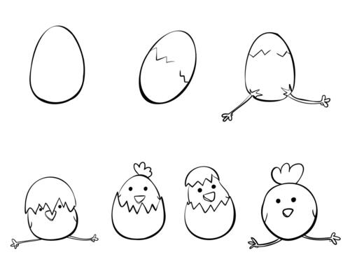 set of outline eggs and chickens, cute doodle style illustrations for Easter decor or activity