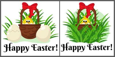 Set of postcards with an Easter chicken in a basket in thick grass vector
