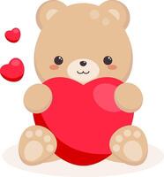 Cute bear witn big red heart. The baby bear holds a heart in its paws. vector