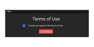 Agree to terms of use. Pop-up window with license policy notification. vector